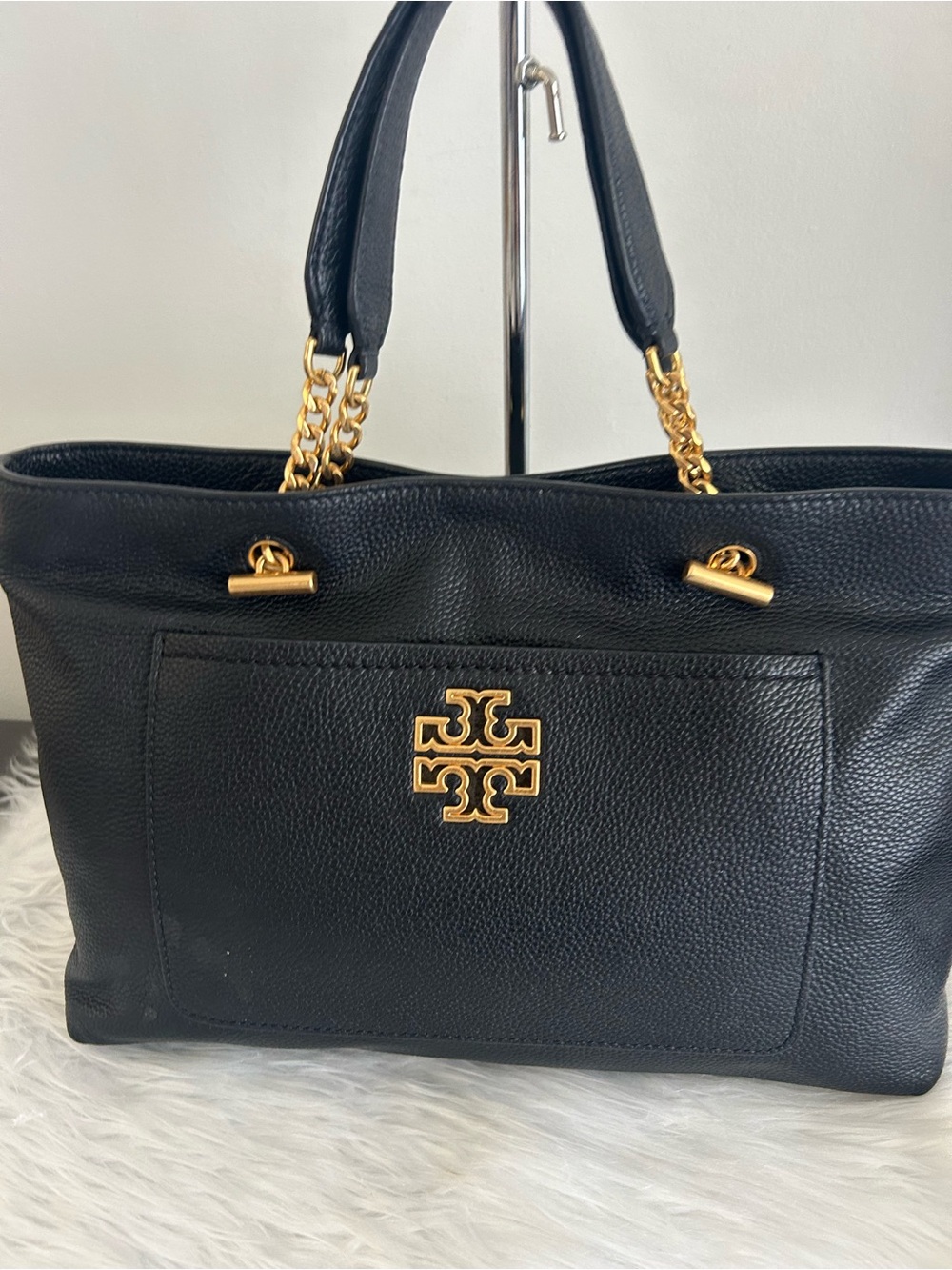 Tory Burch Black Pebbled Leather Chain Tote Shoulder Bag Large everyday purse - Picture 4 of 11